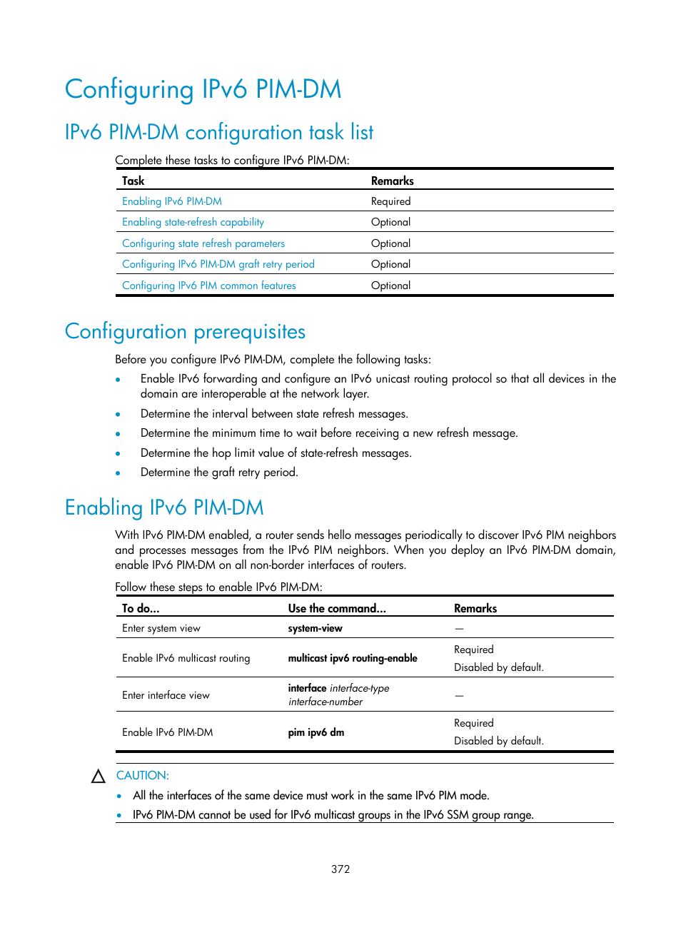 Configuring ipv6 pim-dm, Ipv6 pim-dm configuration task list, Configuration prerequisites | Enabling ipv6 pim-dm | H3C Technologies H3C S10500 Series Switches User Manual | Page 387 / 467