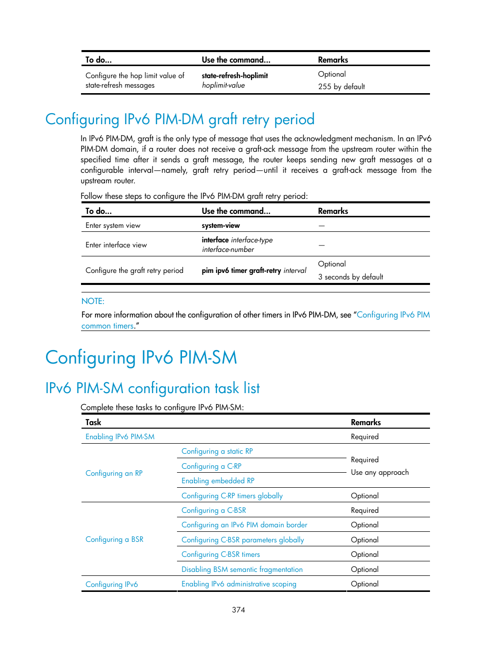 Configuring ipv6 pim-dm graft retry period, Configuring ipv6 pim-sm, Ipv6 pim-sm configuration task list | H3C Technologies H3C S10500 Series Switches User Manual | Page 389 / 467