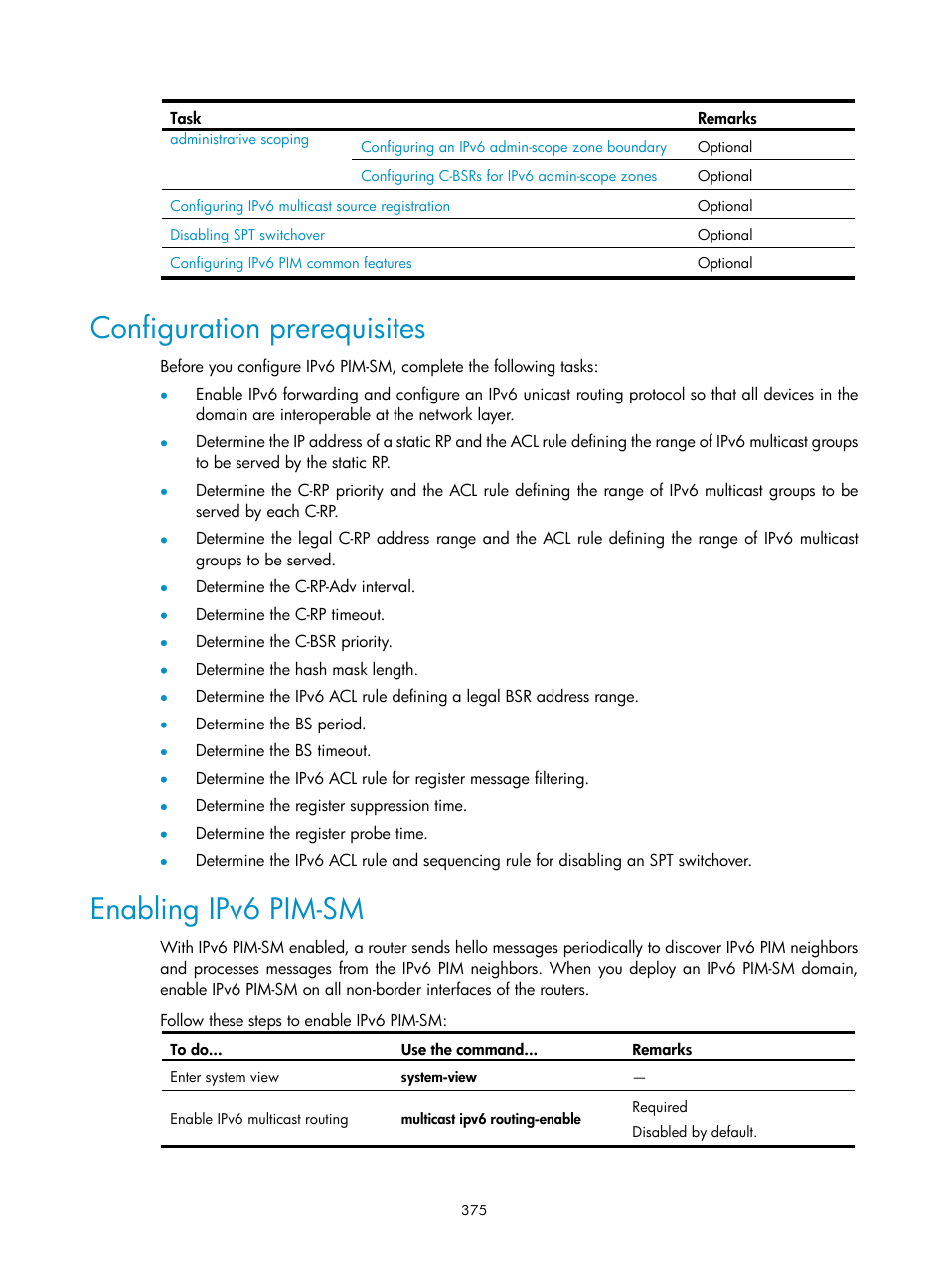 Configuration prerequisites, Enabling ipv6 pim-sm | H3C Technologies H3C S10500 Series Switches User Manual | Page 390 / 467