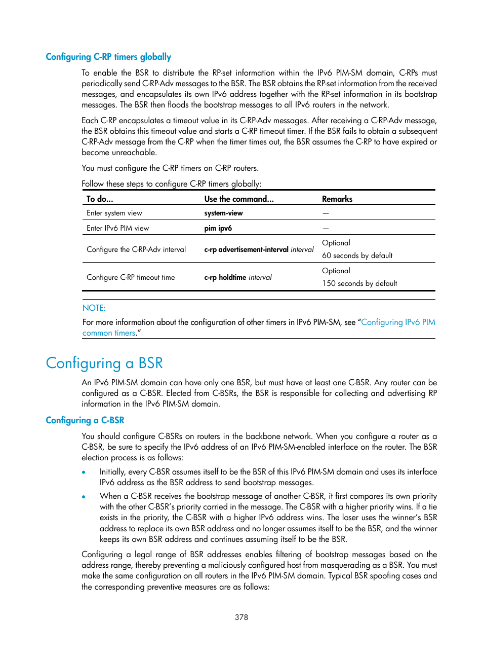 Configuring c-rp timers globally, Configuring a bsr, Configuring a c-bsr | H3C Technologies H3C S10500 Series Switches User Manual | Page 393 / 467