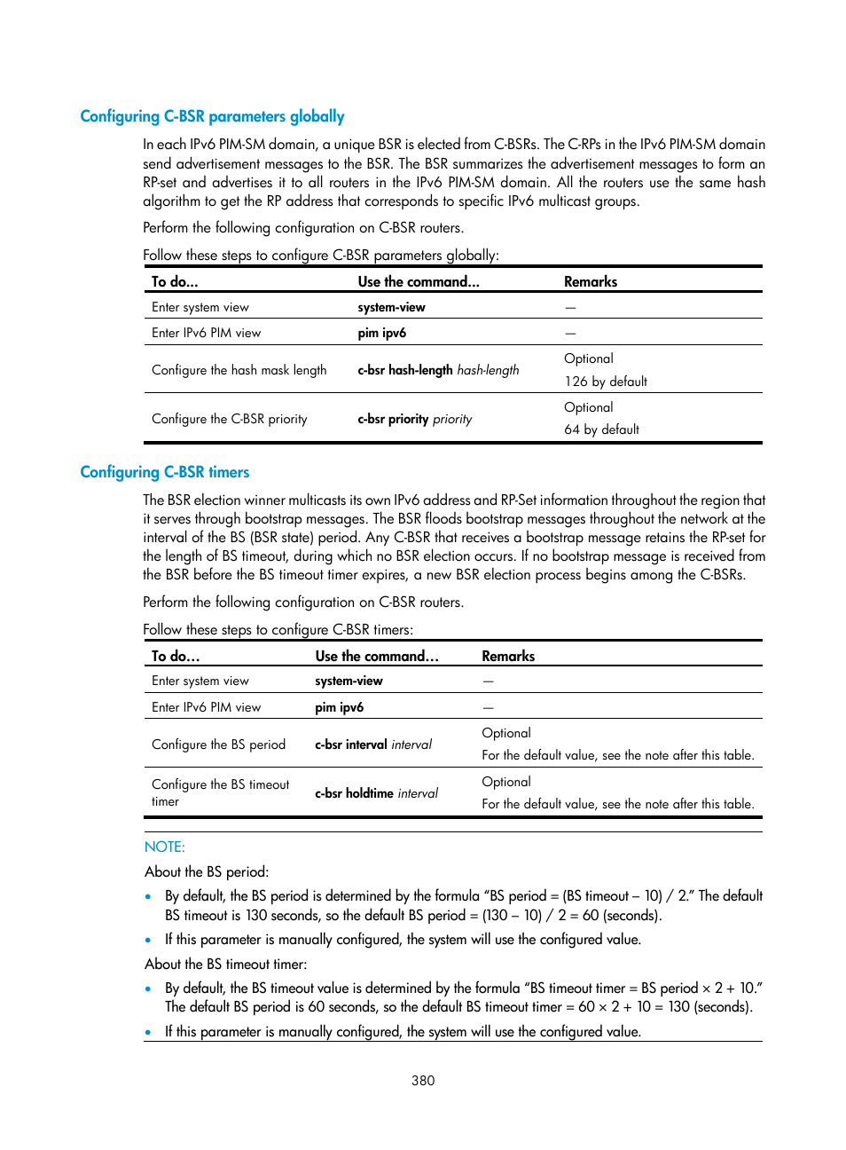 Configuring c-bsr parameters globally, Configuring c-bsr timers | H3C Technologies H3C S10500 Series Switches User Manual | Page 395 / 467