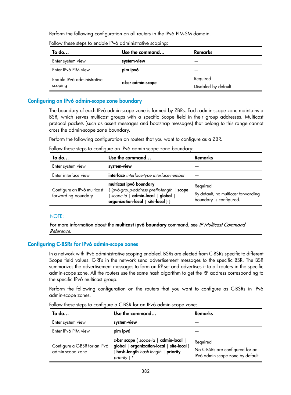 Configuring an ipv6 admin-scope zone boundary, Configuring c-bsrs for ipv6 admin-scope zones | H3C Technologies H3C S10500 Series Switches User Manual | Page 397 / 467