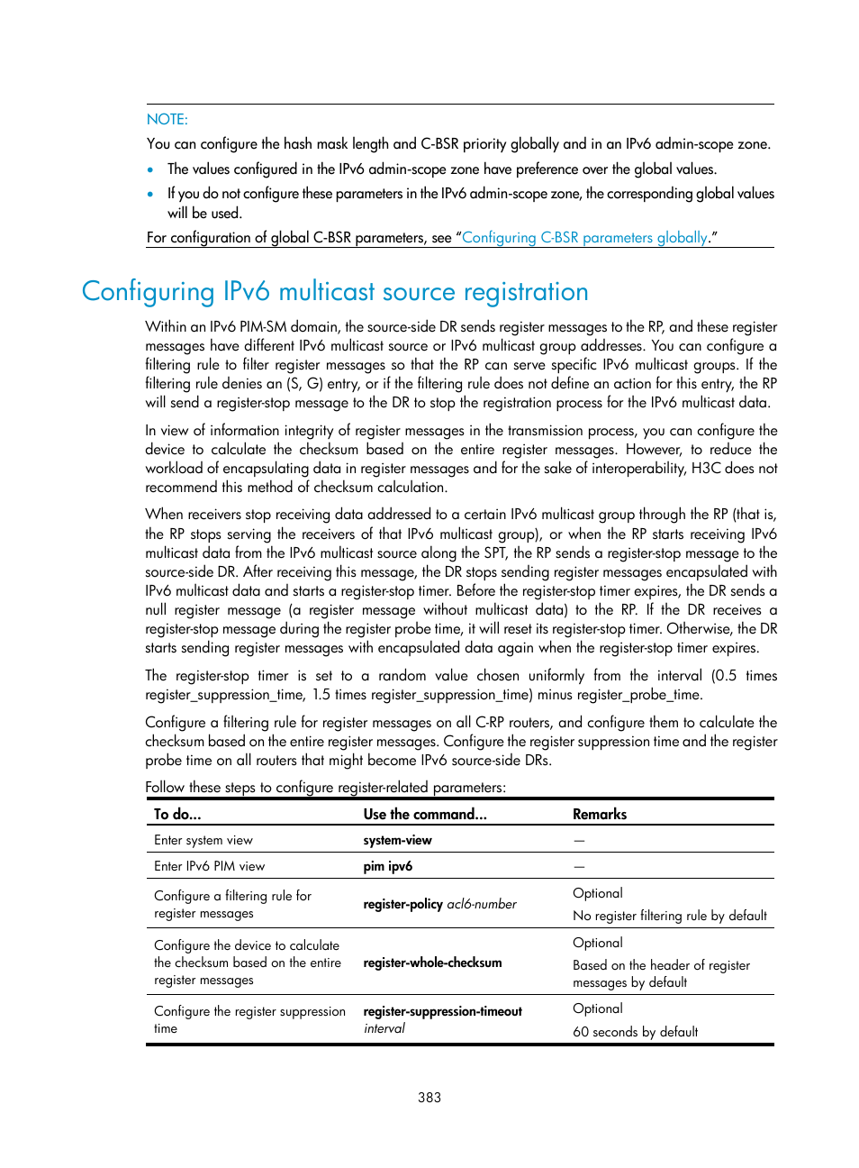 Configuring ipv6 multicast source registration | H3C Technologies H3C S10500 Series Switches User Manual | Page 398 / 467