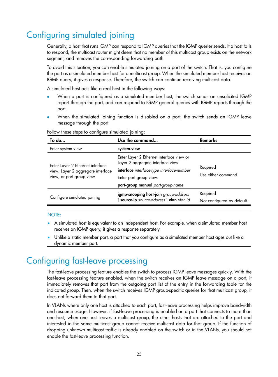 Configuring simulated joining, Configuring fast-leave processing | H3C Technologies H3C S10500 Series Switches User Manual | Page 40 / 467