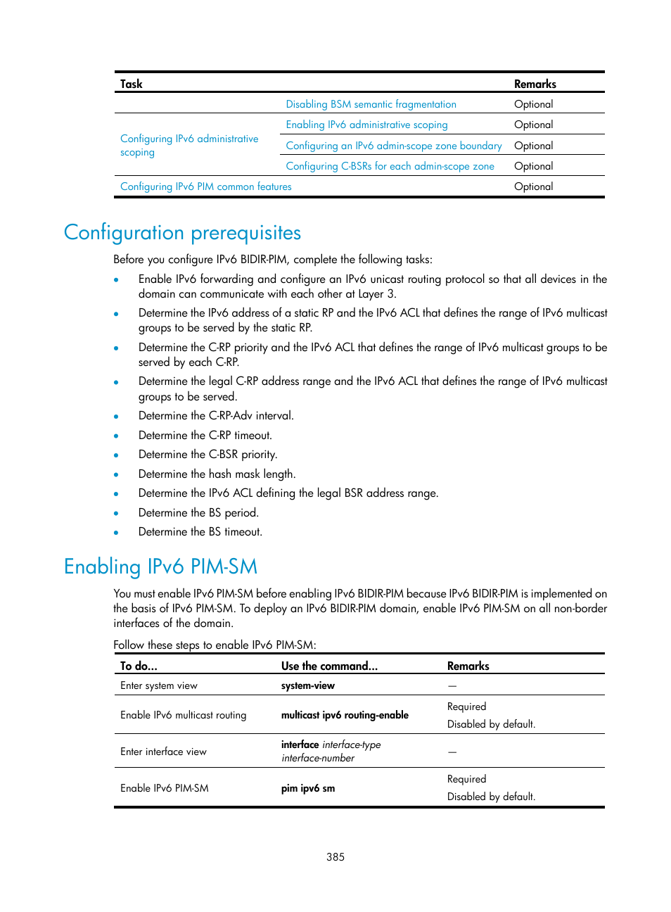 Configuration prerequisites, Enabling ipv6 pim-sm | H3C Technologies H3C S10500 Series Switches User Manual | Page 400 / 467