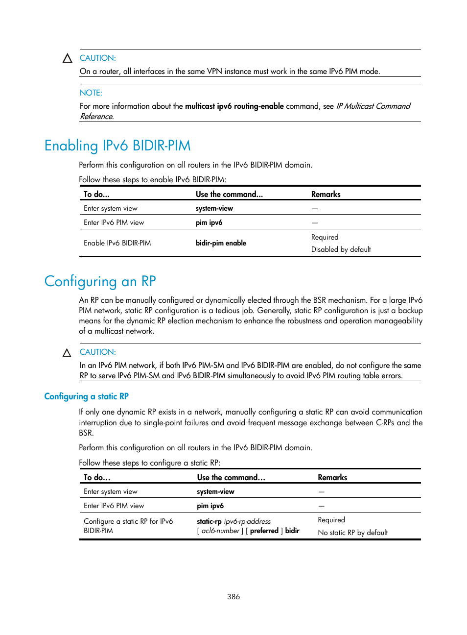 Enabling ipv6 bidir-pim, Configuring an rp, Configuring a static rp | H3C Technologies H3C S10500 Series Switches User Manual | Page 401 / 467