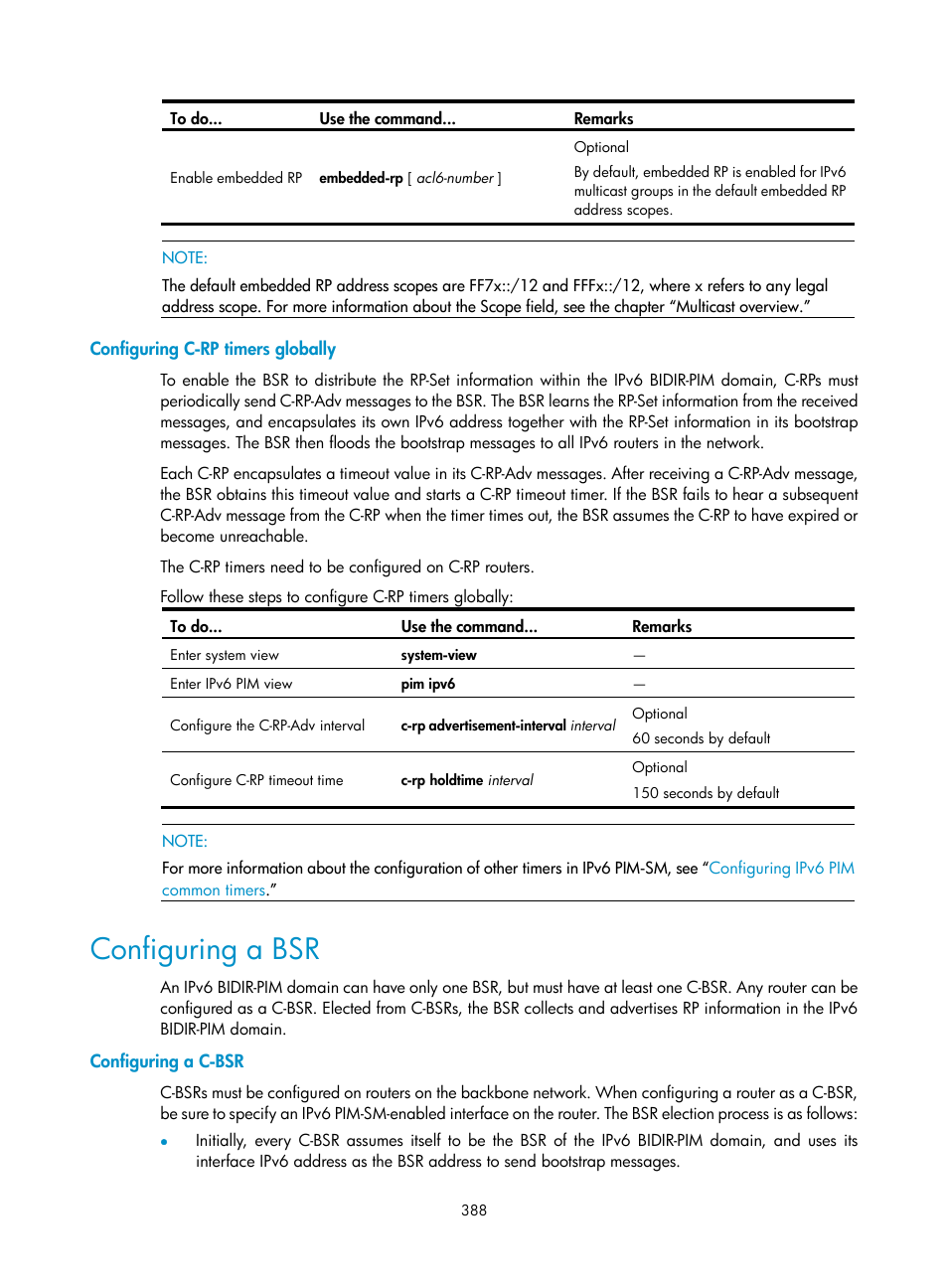Configuring c-rp timers globally, Configuring a bsr, Configuring a c-bsr | H3C Technologies H3C S10500 Series Switches User Manual | Page 403 / 467