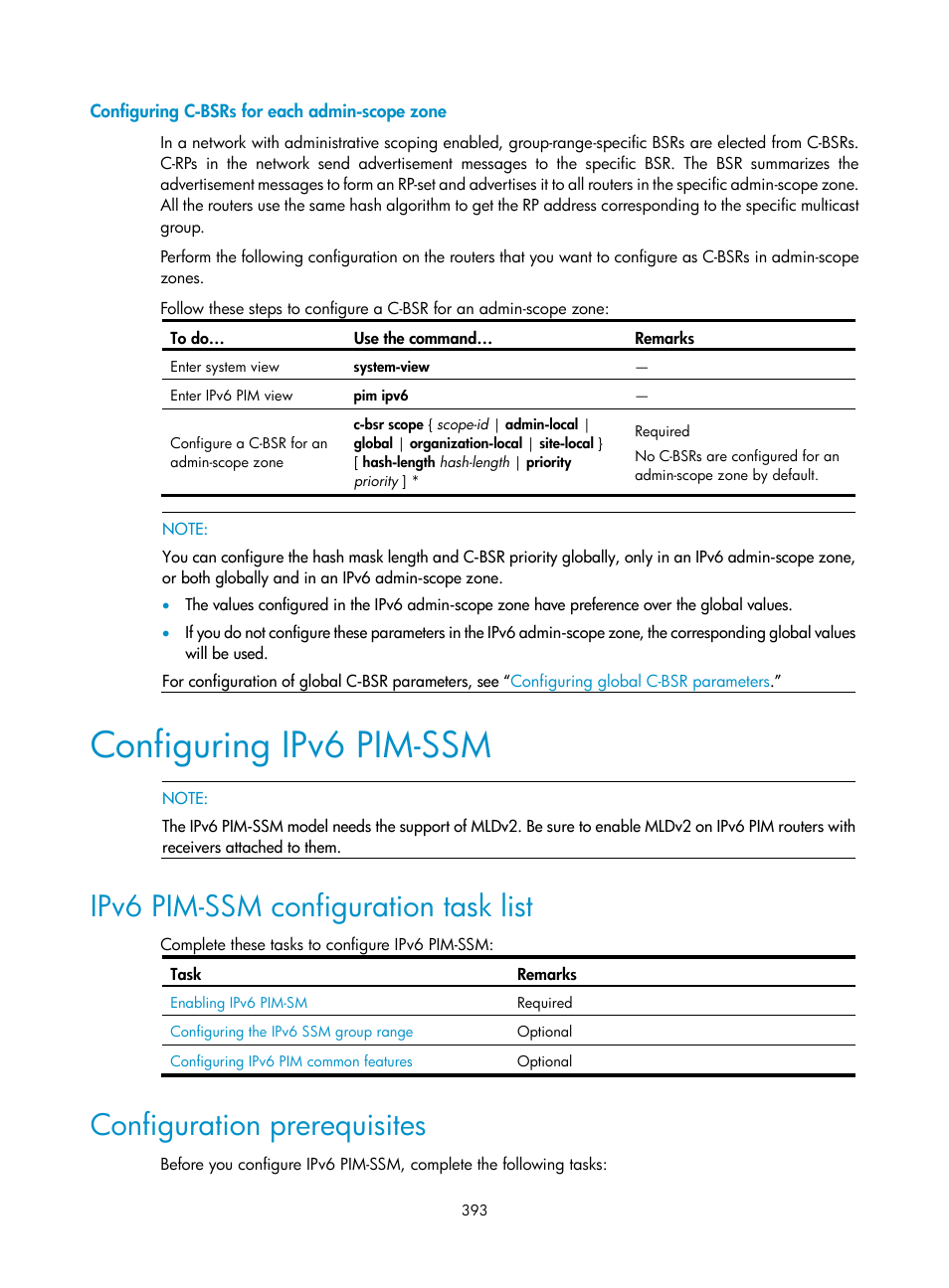 Configuring c-bsrs for each admin-scope zone, Configuring ipv6 pim-ssm, Ipv6 pim-ssm configuration task list | Configuration prerequisites | H3C Technologies H3C S10500 Series Switches User Manual | Page 408 / 467