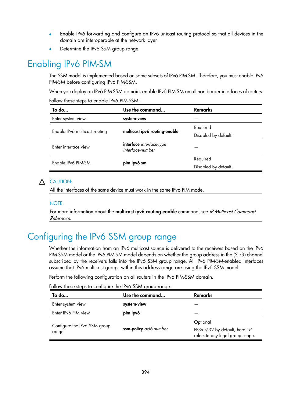 Enabling ipv6 pim-sm, Configuring the ipv6 ssm group range | H3C Technologies H3C S10500 Series Switches User Manual | Page 409 / 467