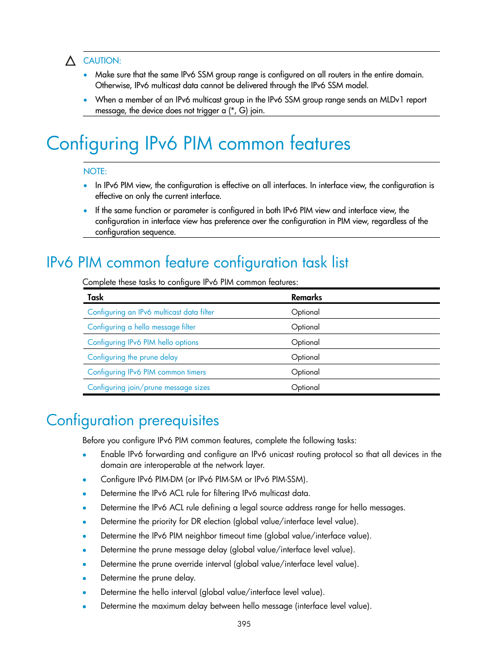 Configuring ipv6 pim common features, Ipv6 pim common feature configuration task list, Configuration prerequisites | H3C Technologies H3C S10500 Series Switches User Manual | Page 410 / 467