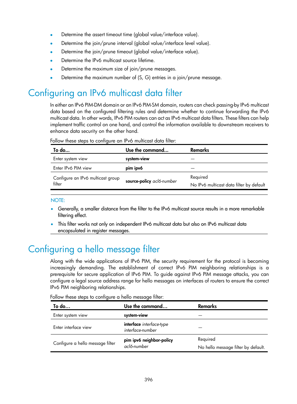 Configuring an ipv6 multicast data filter, Configuring a hello message filter | H3C Technologies H3C S10500 Series Switches User Manual | Page 411 / 467