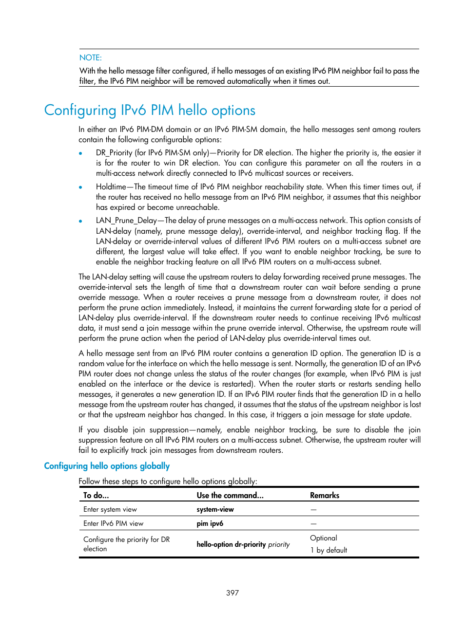 Configuring ipv6 pim hello options, Configuring hello options globally | H3C Technologies H3C S10500 Series Switches User Manual | Page 412 / 467