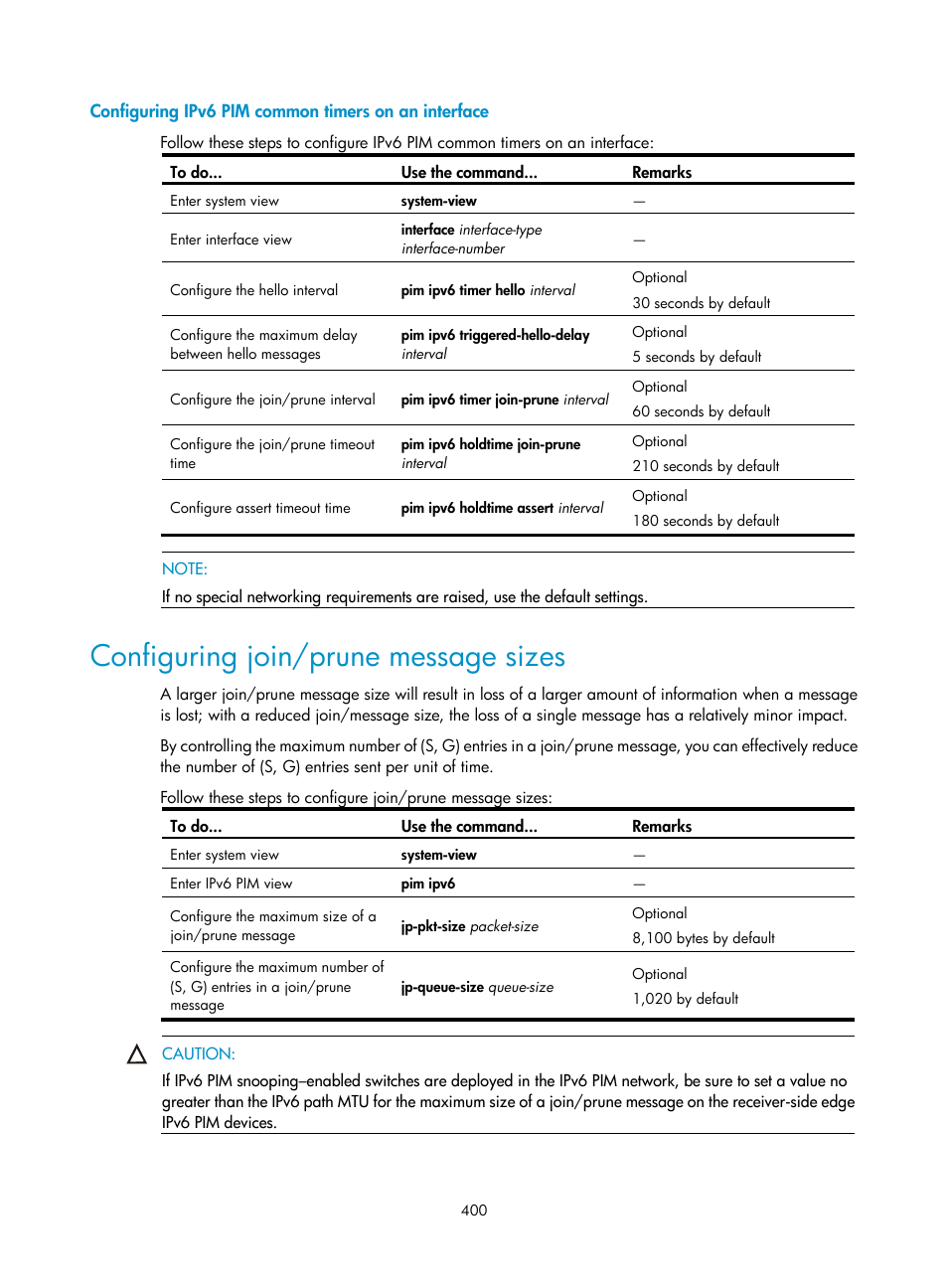 Configuring ipv6 pim common timers on an interface, Configuring join/prune message sizes | H3C Technologies H3C S10500 Series Switches User Manual | Page 415 / 467