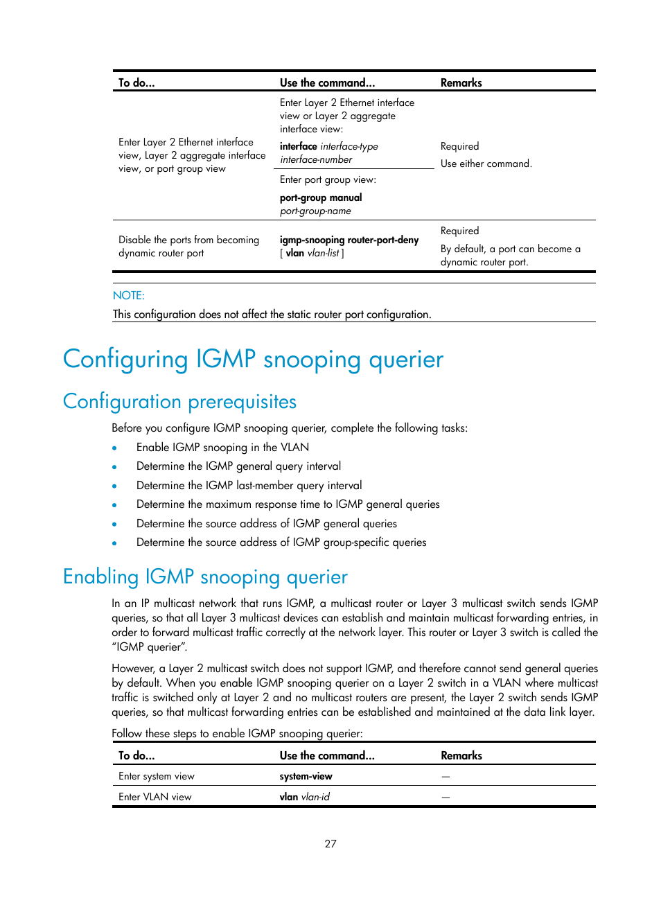 Configuring igmp snooping querier, Configuration prerequisites, Enabling igmp snooping querier | Configuring igmp, Snooping querier | H3C Technologies H3C S10500 Series Switches User Manual | Page 42 / 467