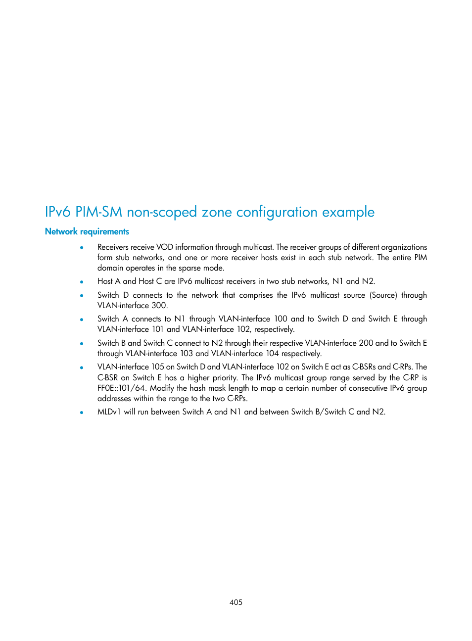 Ipv6 pim-sm non-scoped zone configuration example, Network requirements | H3C Technologies H3C S10500 Series Switches User Manual | Page 420 / 467