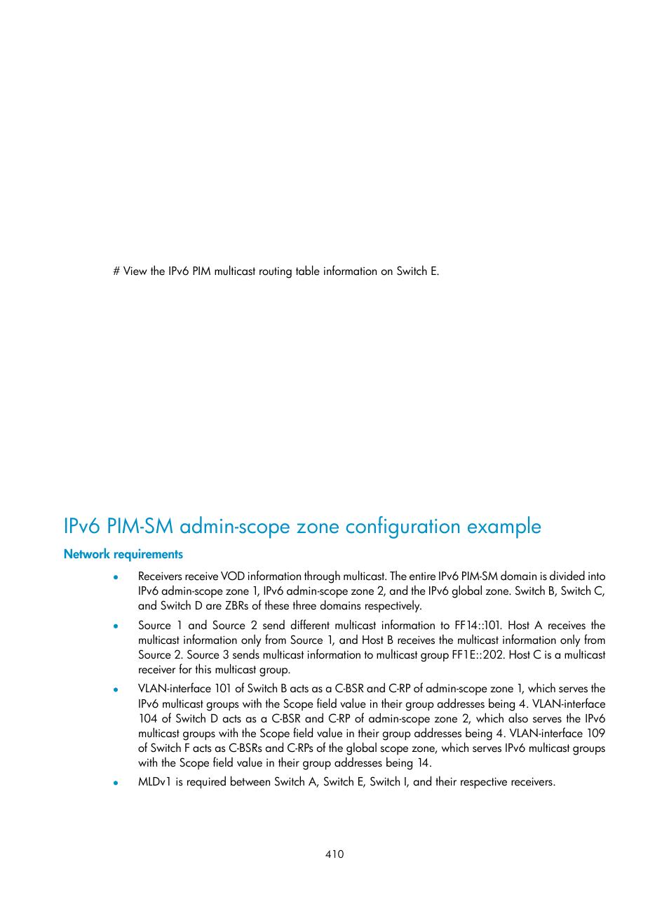 Ipv6 pim-sm admin-scope zone configuration example, Network requirements | H3C Technologies H3C S10500 Series Switches User Manual | Page 425 / 467