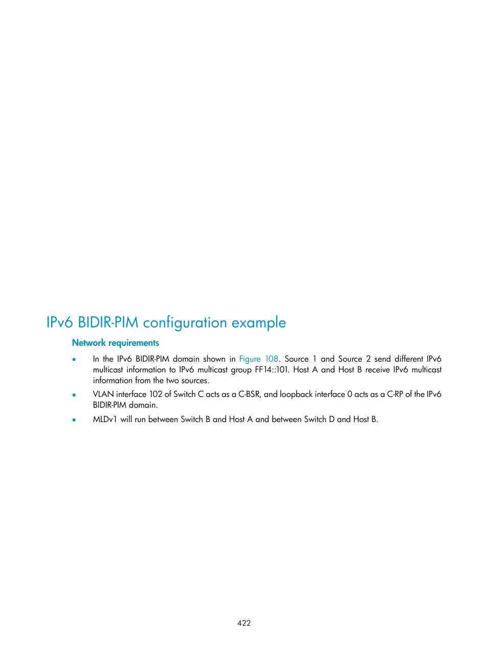 Ipv6 bidir-pim configuration example, Network requirements | H3C Technologies H3C S10500 Series Switches User Manual | Page 437 / 467