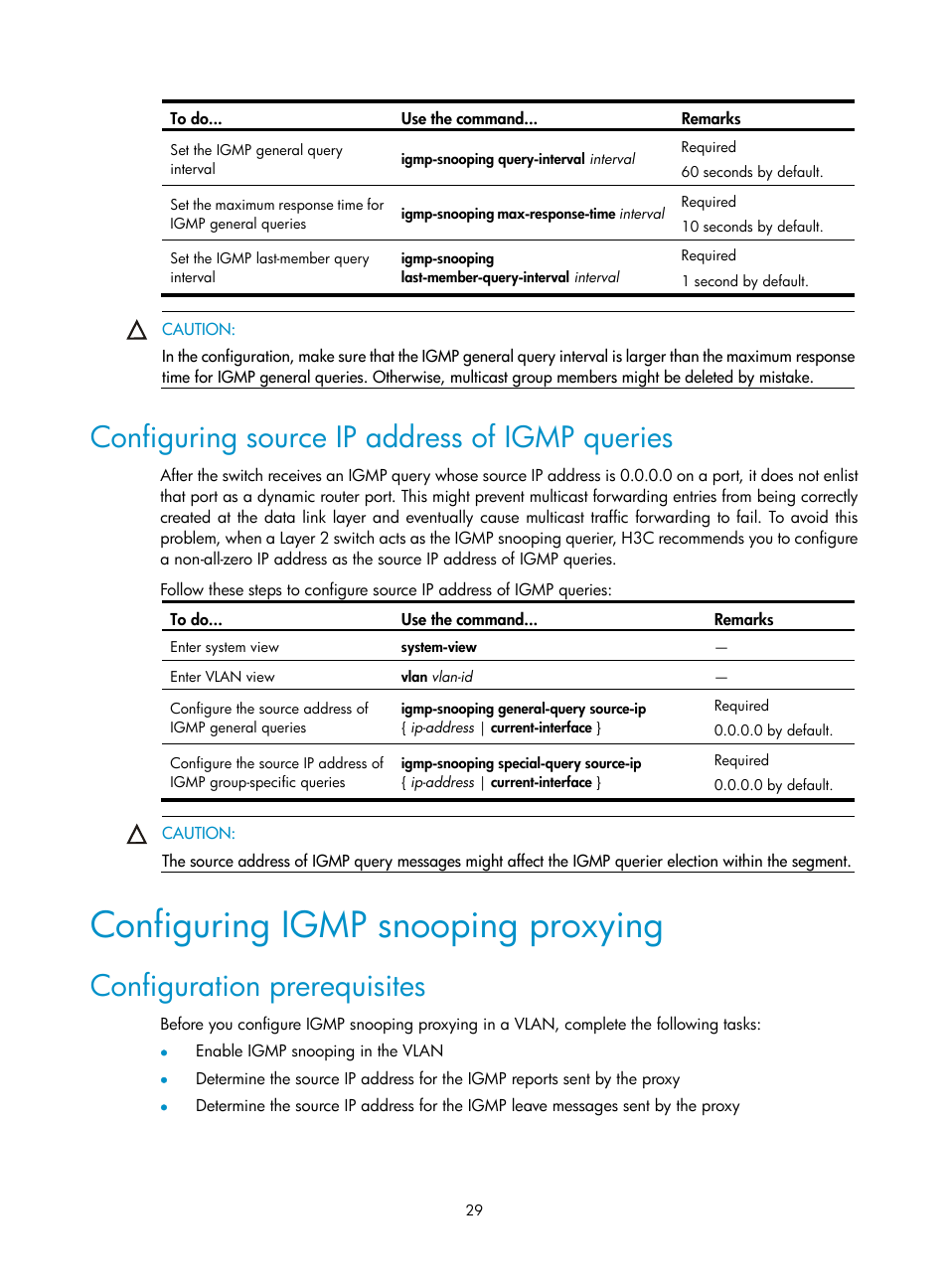 Configuring source ip address of igmp queries, Configuring igmp snooping proxying, Configuration prerequisites | H3C Technologies H3C S10500 Series Switches User Manual | Page 44 / 467