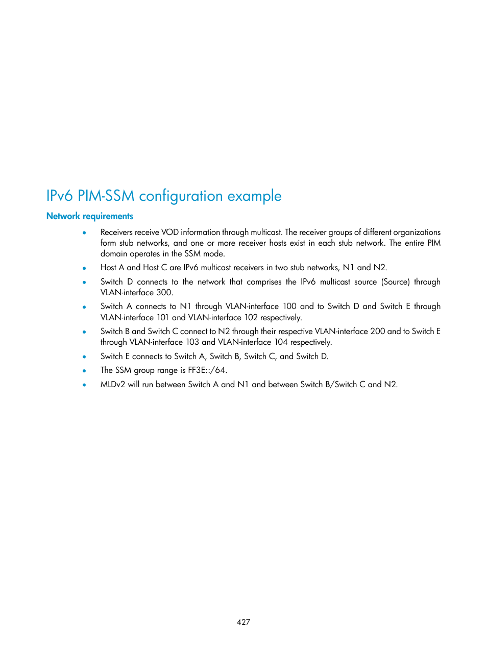 Ipv6 pim-ssm configuration example, Network requirements | H3C Technologies H3C S10500 Series Switches User Manual | Page 442 / 467