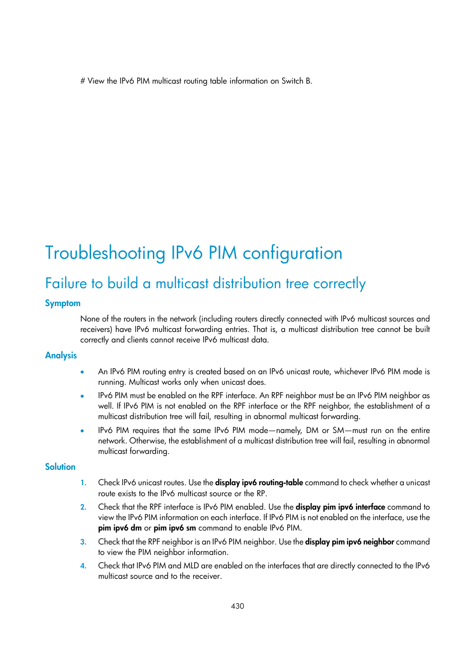 Troubleshooting ipv6 pim configuration, Symptom, Analysis | Solution | H3C Technologies H3C S10500 Series Switches User Manual | Page 445 / 467