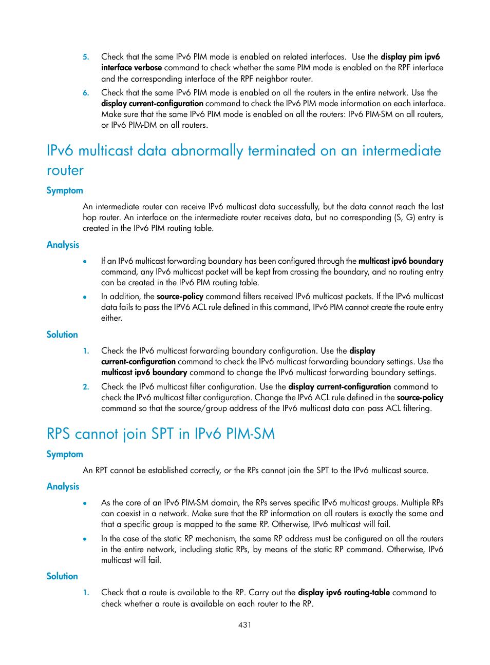 Symptom, Analysis, Solution | Rps cannot join spt in ipv6 pim-sm | H3C Technologies H3C S10500 Series Switches User Manual | Page 446 / 467