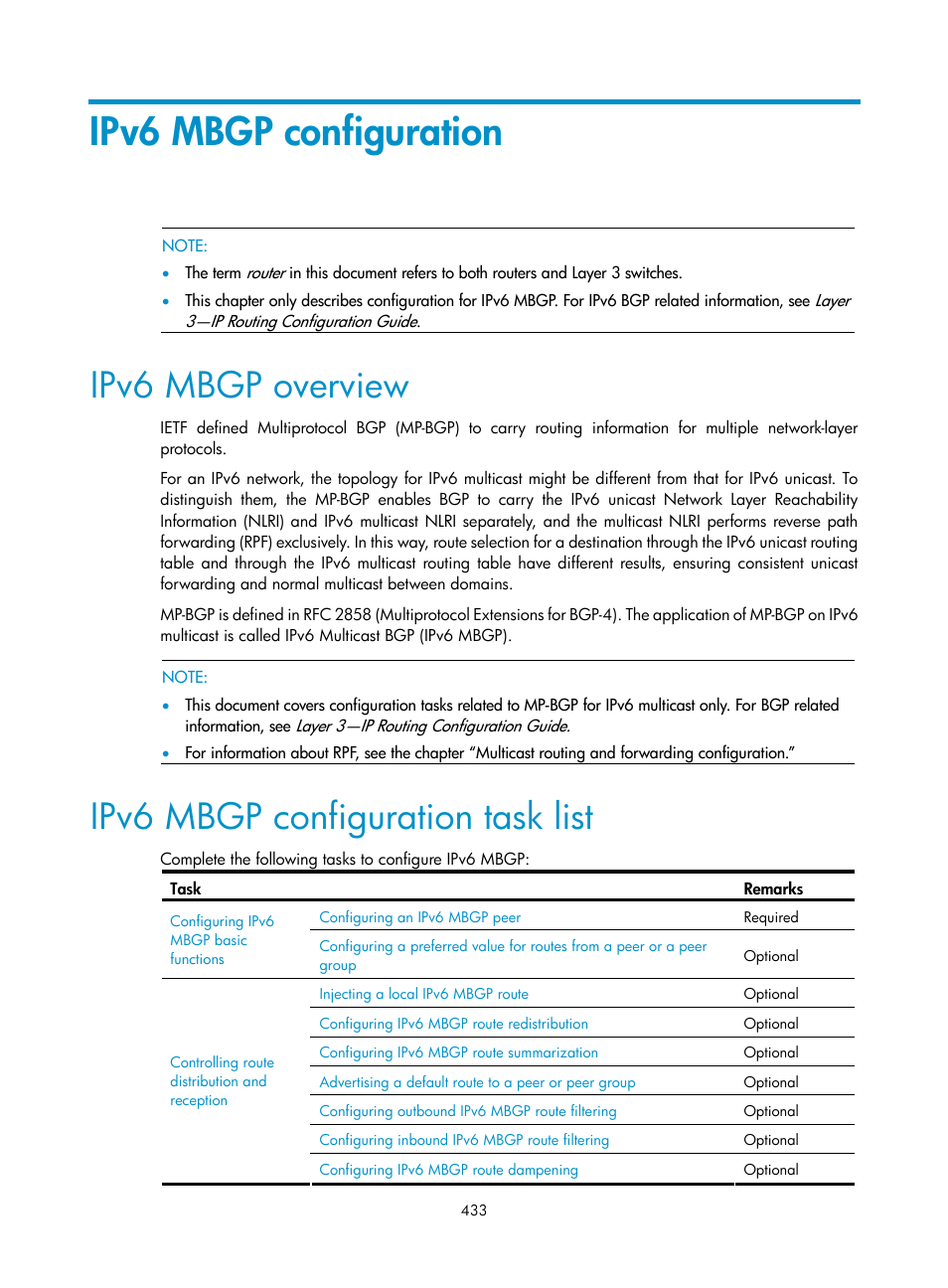 Ipv6 mbgp configuration, Ipv6 mbgp overview, Ipv6 mbgp configuration task list | H3C Technologies H3C S10500 Series Switches User Manual | Page 448 / 467