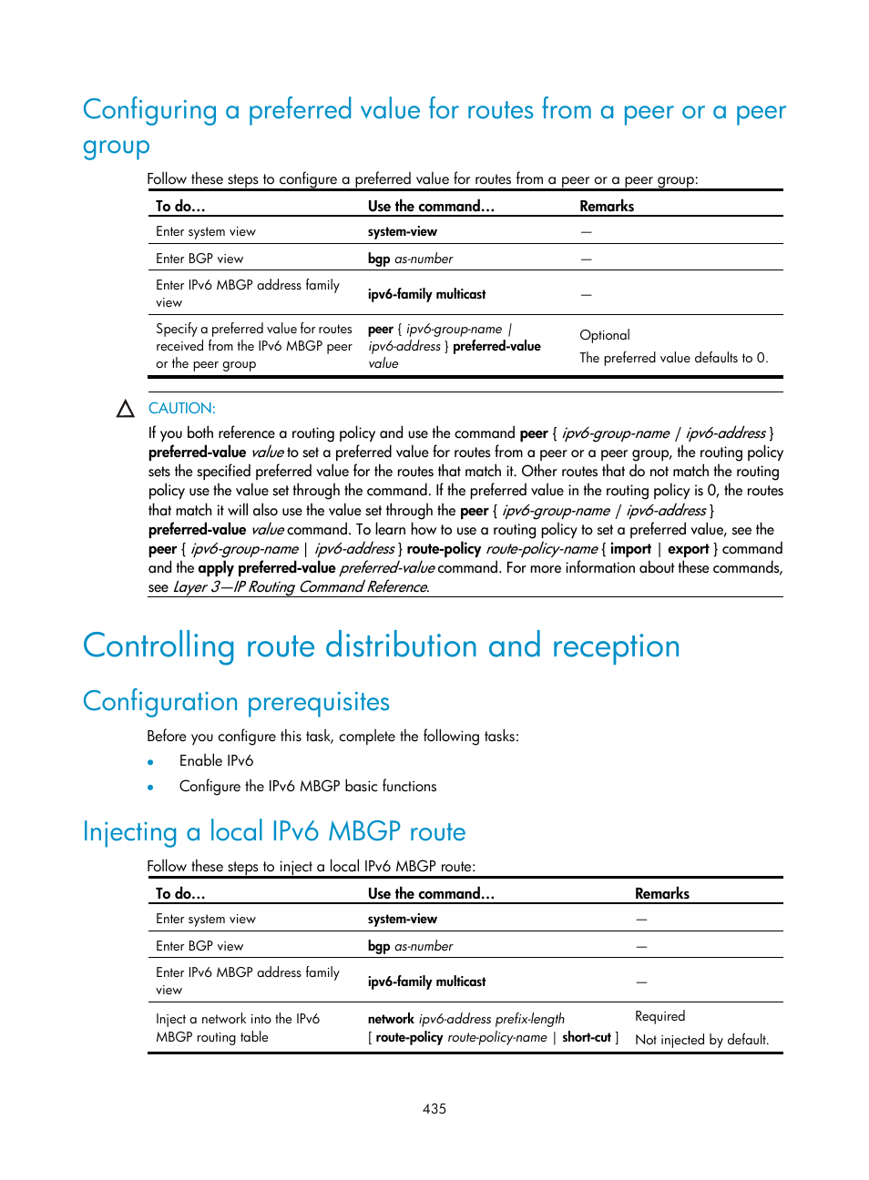 Controlling route distribution and reception, Configuration prerequisites, Injecting a local ipv6 mbgp route | Controlling route distribution and, Reception | H3C Technologies H3C S10500 Series Switches User Manual | Page 450 / 467