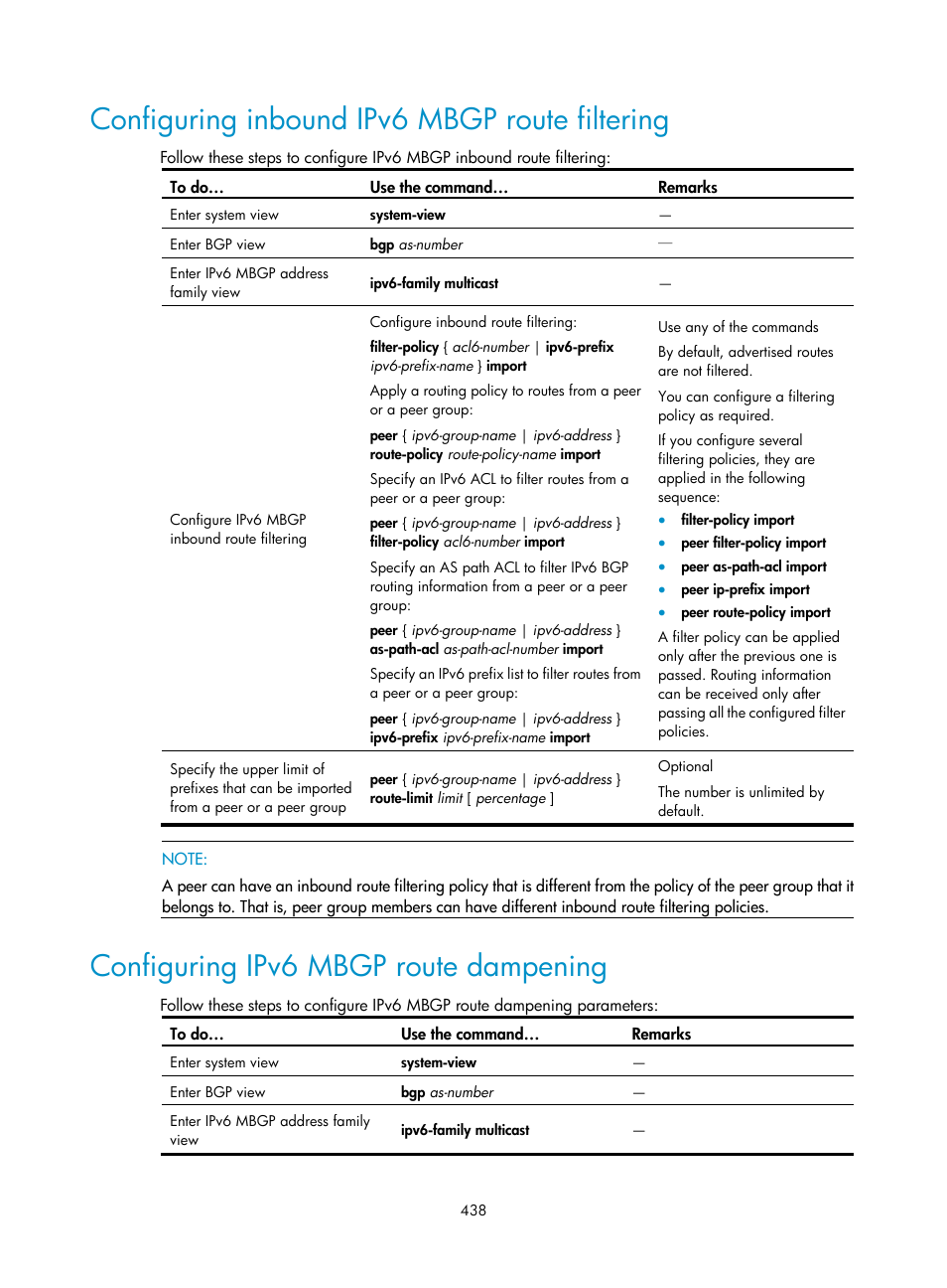 Configuring inbound ipv6 mbgp route filtering, Configuring ipv6 mbgp route dampening | H3C Technologies H3C S10500 Series Switches User Manual | Page 453 / 467