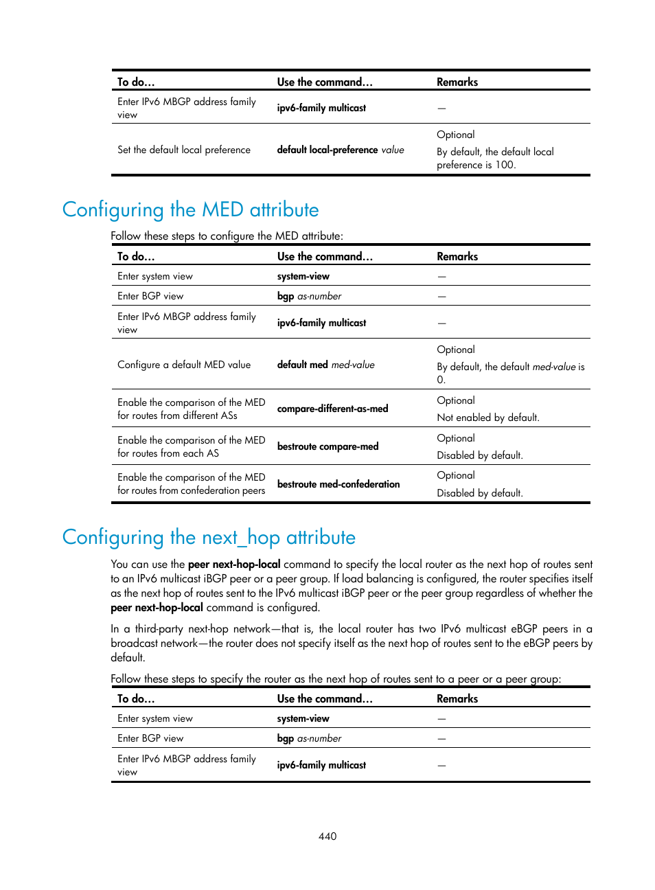 Configuring the med attribute, Configuring the next_hop attribute | H3C Technologies H3C S10500 Series Switches User Manual | Page 455 / 467