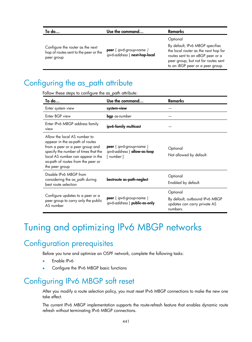 Configuring the as_path attribute, Tuning and optimizing ipv6 mbgp networks, Configuration prerequisites | Configuring ipv6 mbgp soft reset, Tuning and optimizing ipv6, Mbgp networks | H3C Technologies H3C S10500 Series Switches User Manual | Page 456 / 467