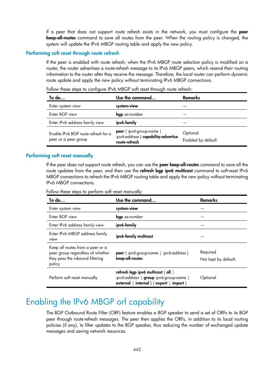 Performing soft reset through route refresh, Performing soft reset manually, Enabling the ipv6 mbgp orf capability | H3C Technologies H3C S10500 Series Switches User Manual | Page 457 / 467