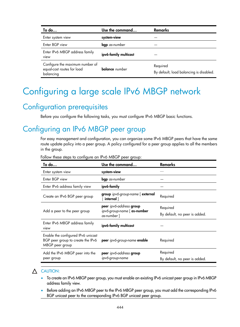 Configuring a large scale ipv6 mbgp network, Configuration prerequisites, Configuring an ipv6 mbgp peer group | Configuring a large scale ipv6 mbgp, Network | H3C Technologies H3C S10500 Series Switches User Manual | Page 459 / 467