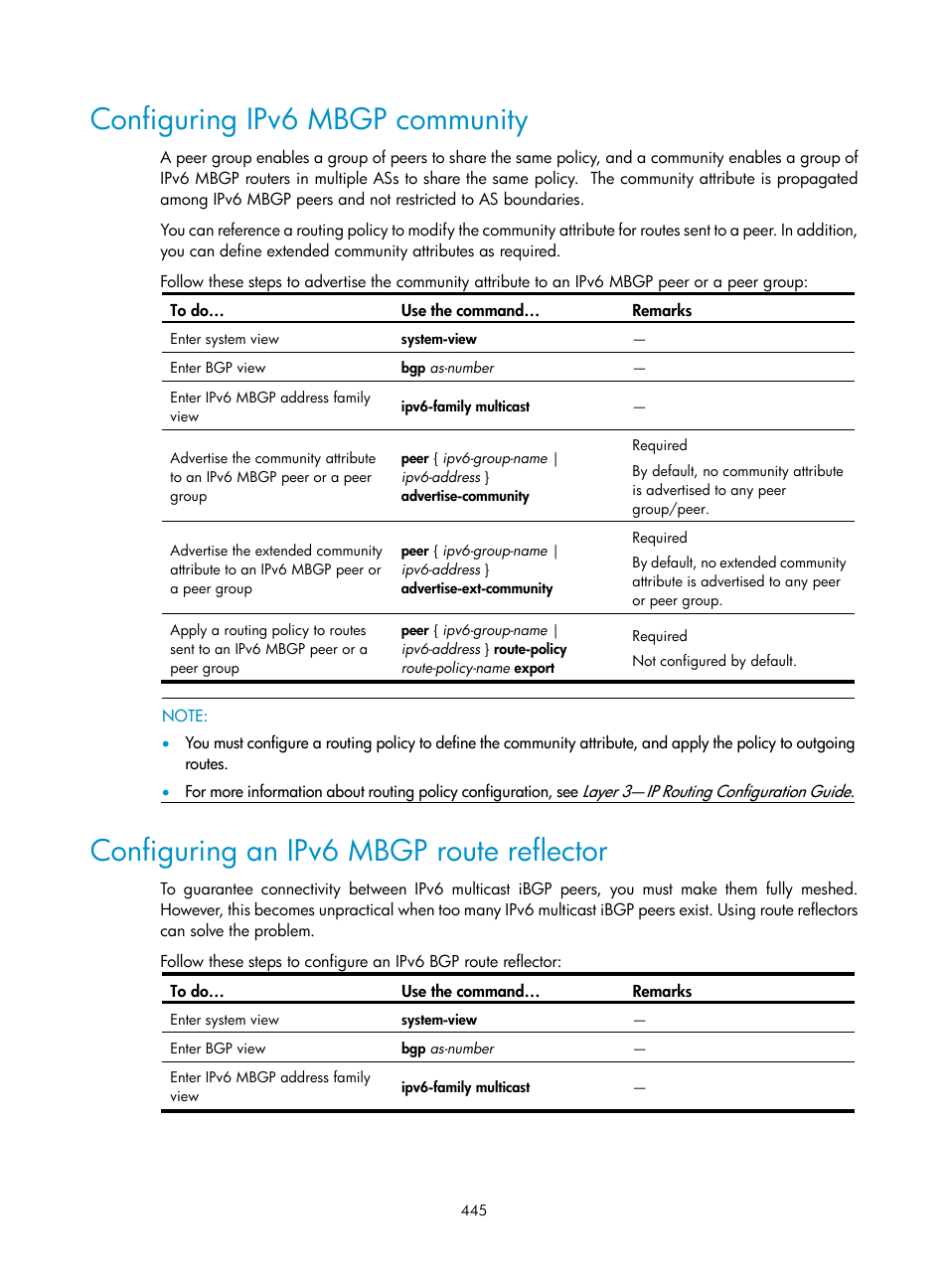 Configuring ipv6 mbgp community, Configuring an ipv6 mbgp route reflector | H3C Technologies H3C S10500 Series Switches User Manual | Page 460 / 467