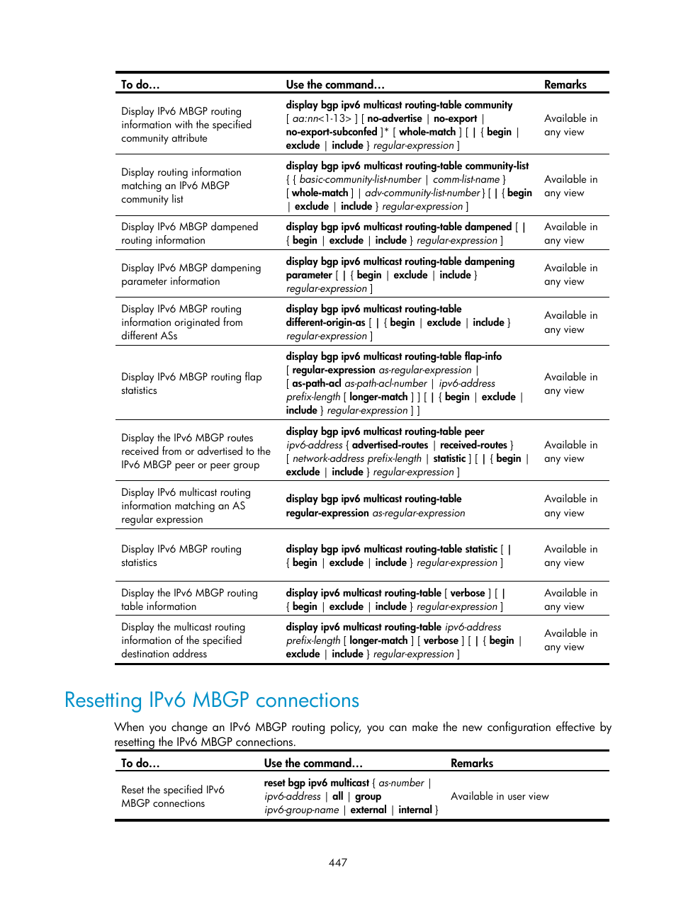 Resetting ipv6 mbgp connections | H3C Technologies H3C S10500 Series Switches User Manual | Page 462 / 467