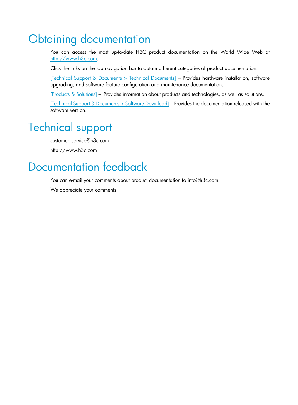 Obtaining documentation, Technical support, Documentation feedback | H3C Technologies H3C S10500 Series Switches User Manual | Page 5 / 467