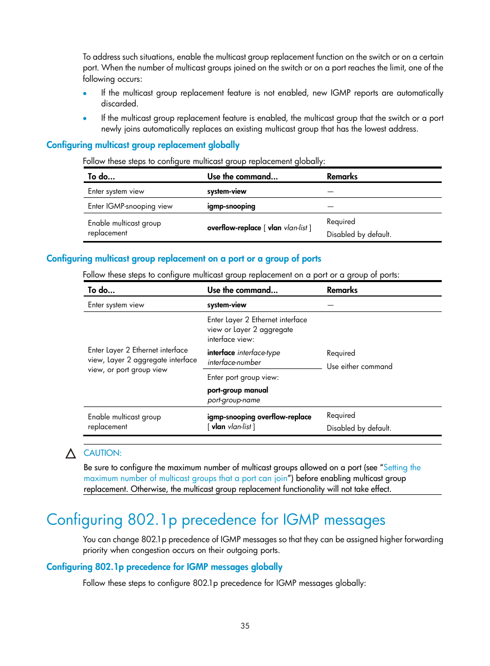 Configuring multicast group replacement globally, Configuring 802.1p precedence for igmp messages | H3C Technologies H3C S10500 Series Switches User Manual | Page 50 / 467