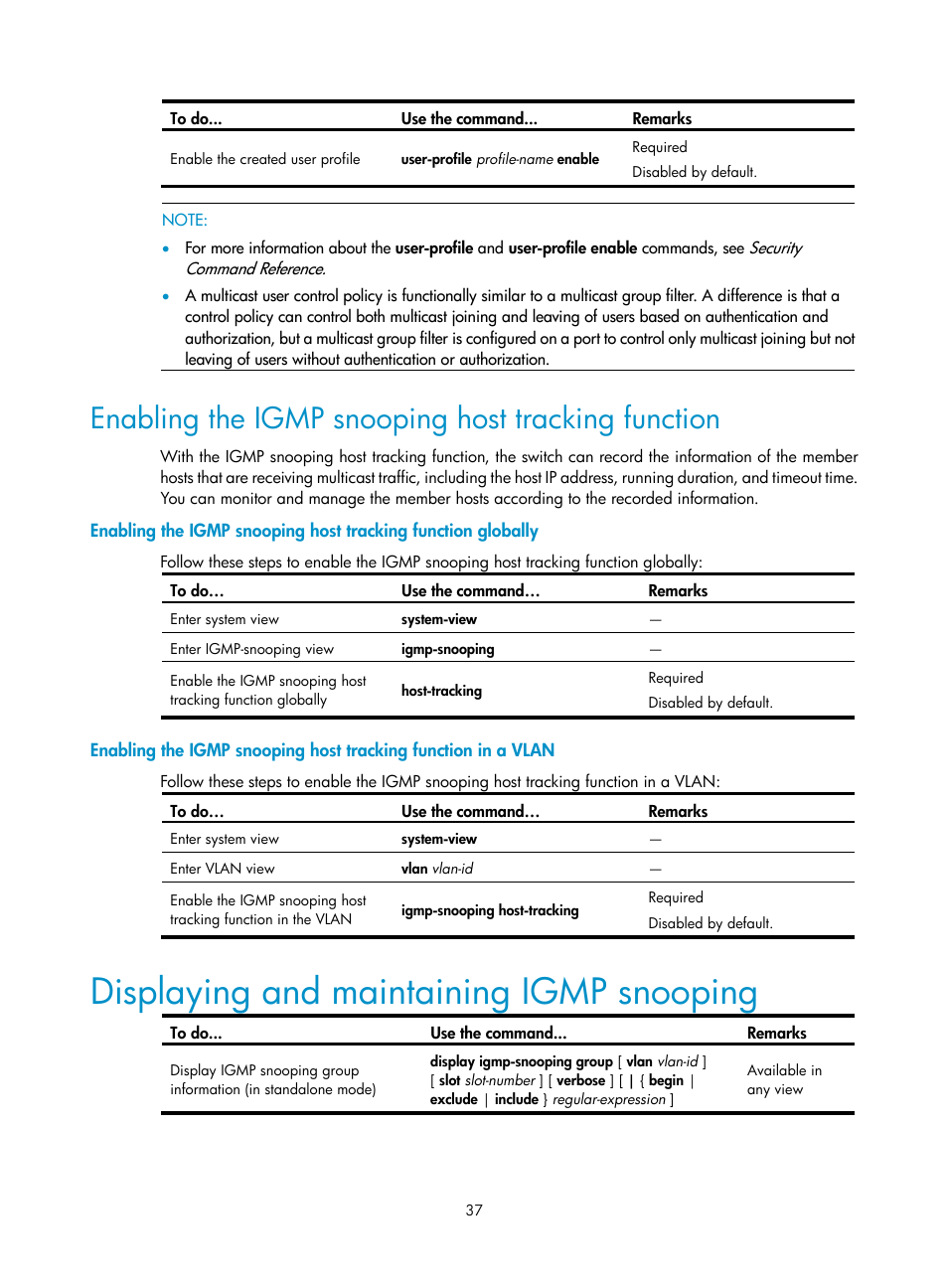Enabling the igmp snooping host tracking function, Displaying and maintaining igmp snooping | H3C Technologies H3C S10500 Series Switches User Manual | Page 52 / 467