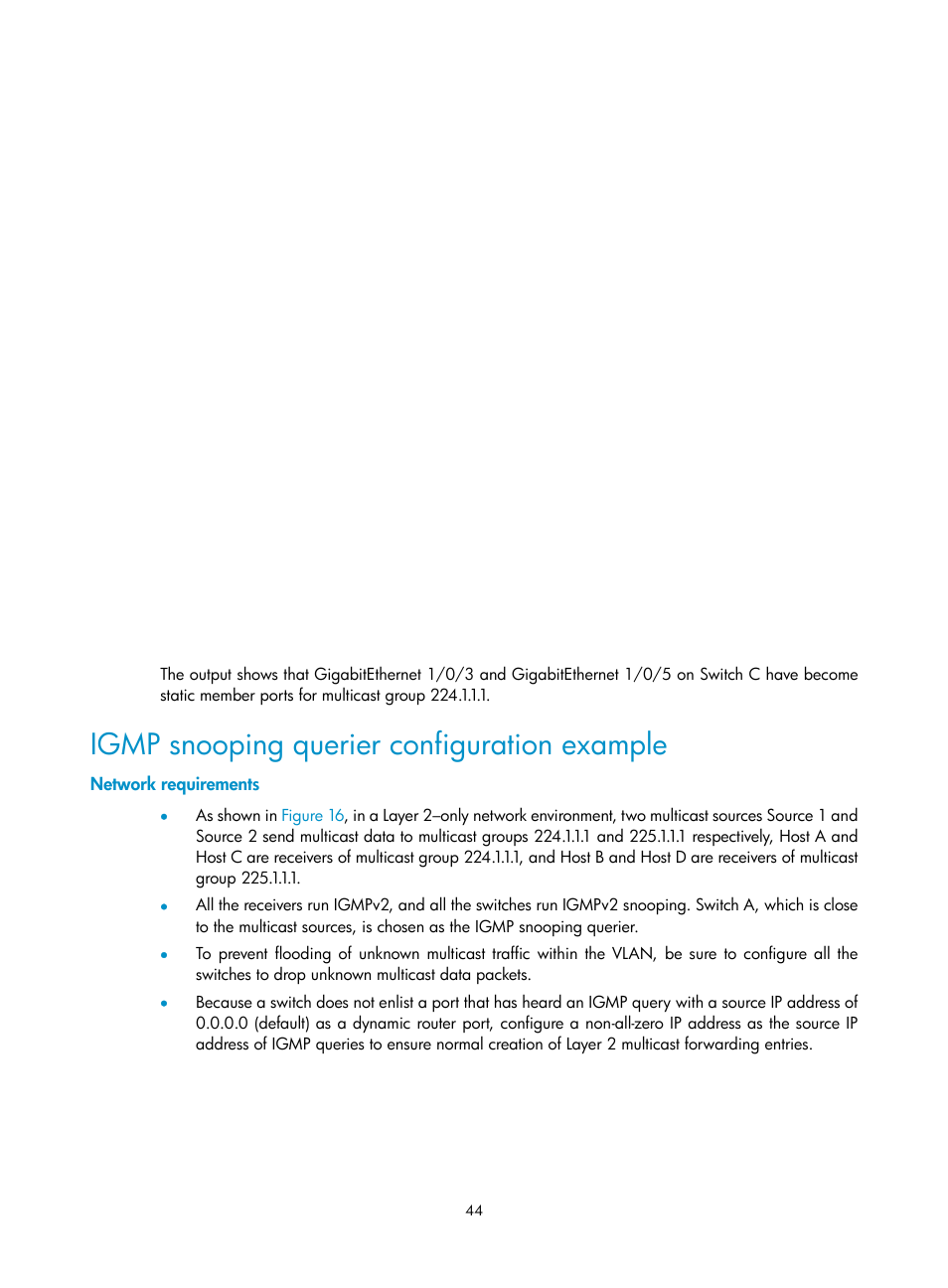 Igmp snooping querier configuration example, Network requirements | H3C Technologies H3C S10500 Series Switches User Manual | Page 59 / 467