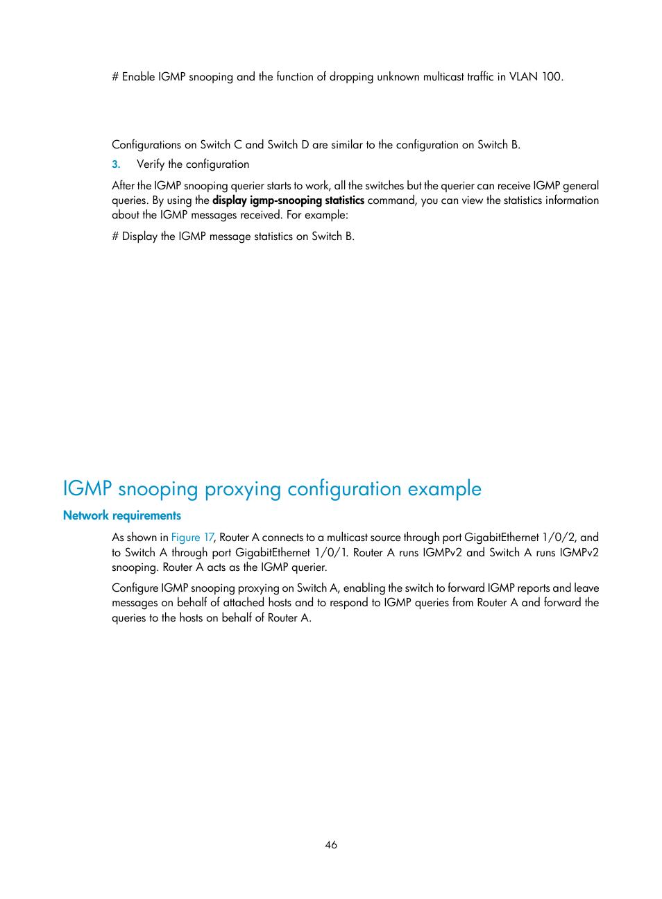 Igmp snooping proxying configuration example, Network requirements | H3C Technologies H3C S10500 Series Switches User Manual | Page 61 / 467