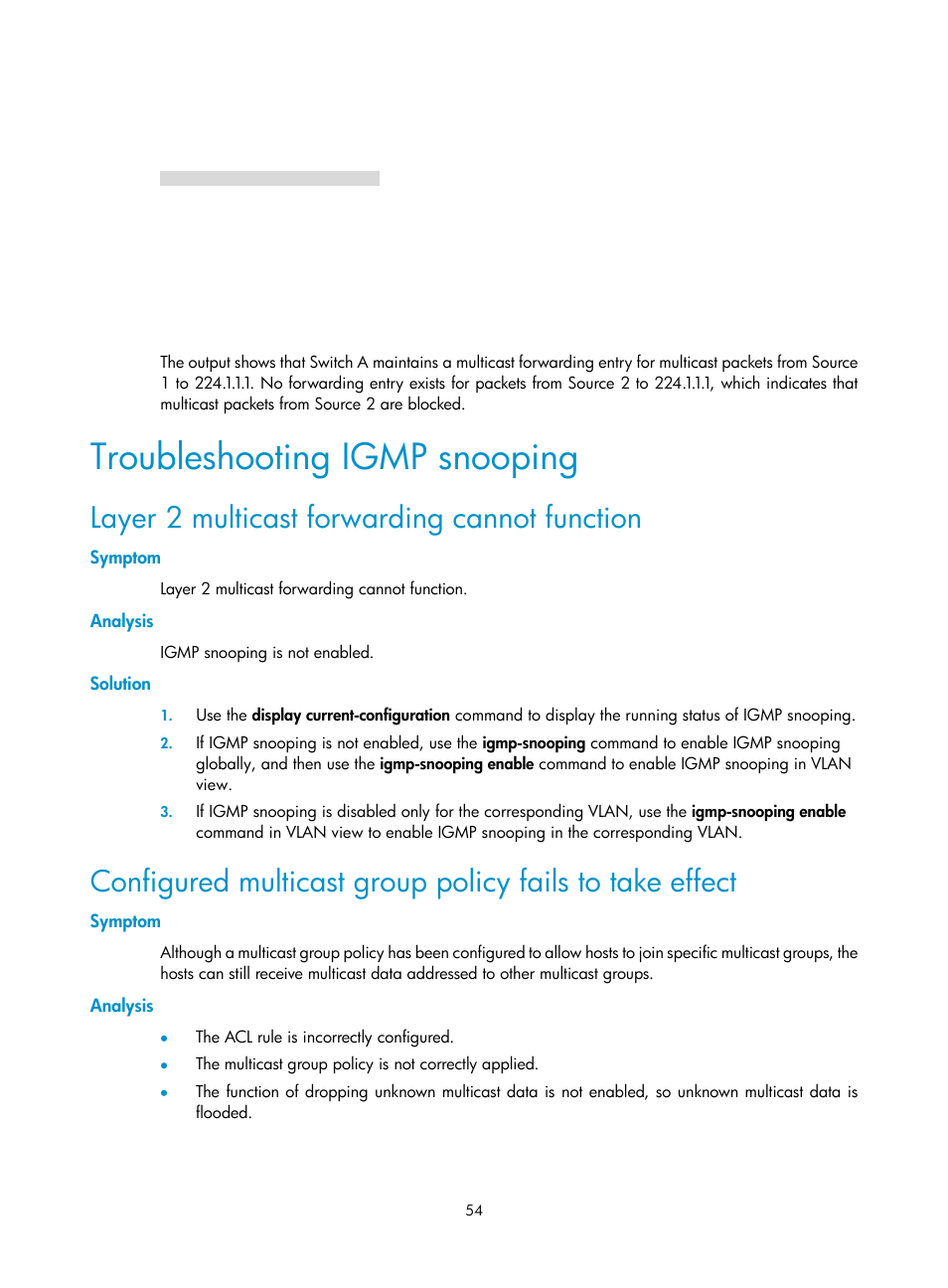 Troubleshooting igmp snooping, Layer 2 multicast forwarding cannot function, Symptom | Analysis, Solution | H3C Technologies H3C S10500 Series Switches User Manual | Page 69 / 467