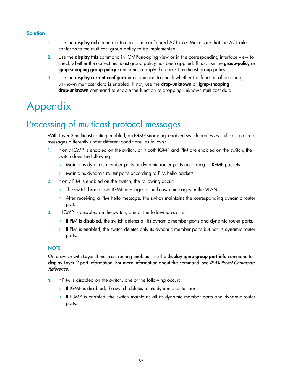 Solution, Appendix, Processing of multicast protocol messages | H3C Technologies H3C S10500 Series Switches User Manual | Page 70 / 467