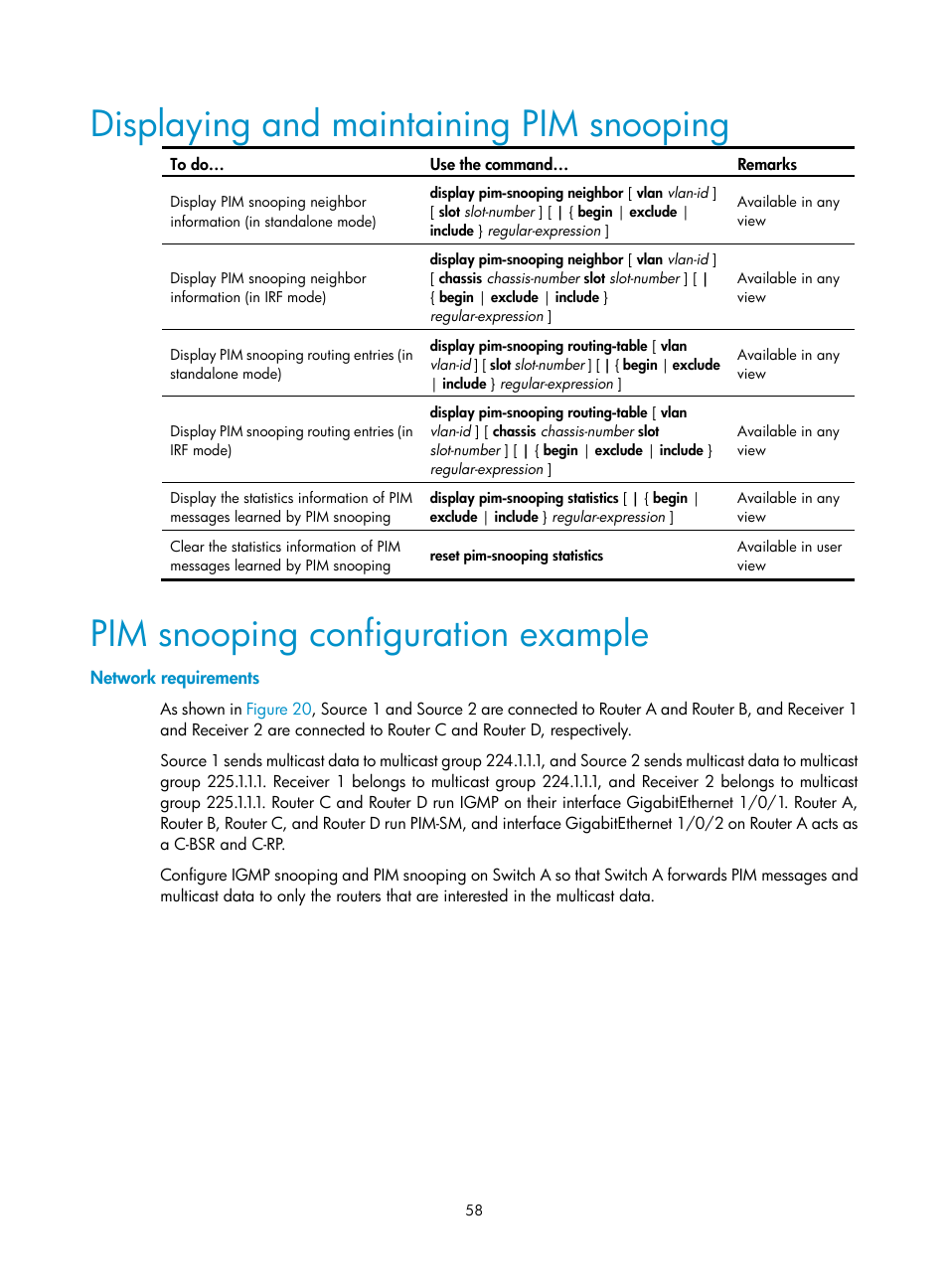 Displaying and maintaining pim snooping, Pim snooping configuration example, Network requirements | H3C Technologies H3C S10500 Series Switches User Manual | Page 73 / 467