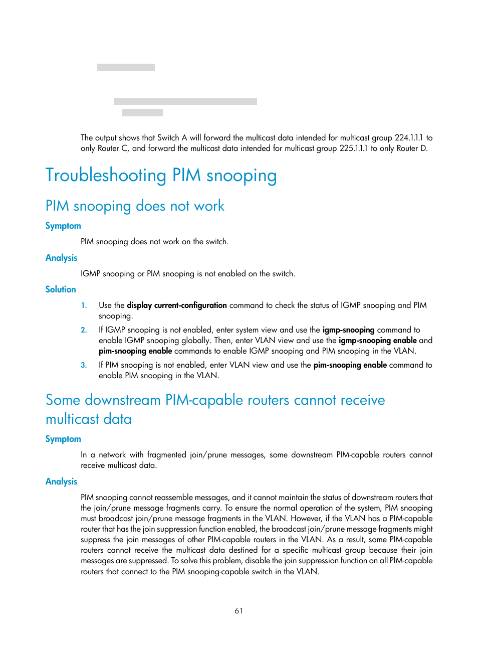 Troubleshooting pim snooping, Pim snooping does not work, Symptom | Analysis, Solution | H3C Technologies H3C S10500 Series Switches User Manual | Page 76 / 467