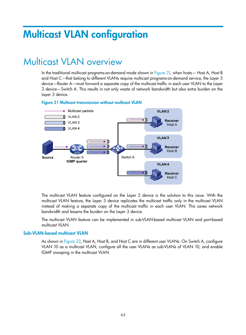 Multicast vlan configuration, Multicast vlan overview, Sub-vlan-based multicast vlan | H3C Technologies H3C S10500 Series Switches User Manual | Page 78 / 467