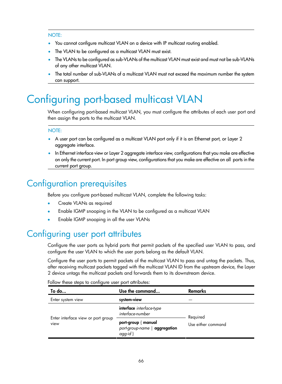 Configuring port-based multicast vlan, Configuration prerequisites, Configuring user port attributes | H3C Technologies H3C S10500 Series Switches User Manual | Page 81 / 467