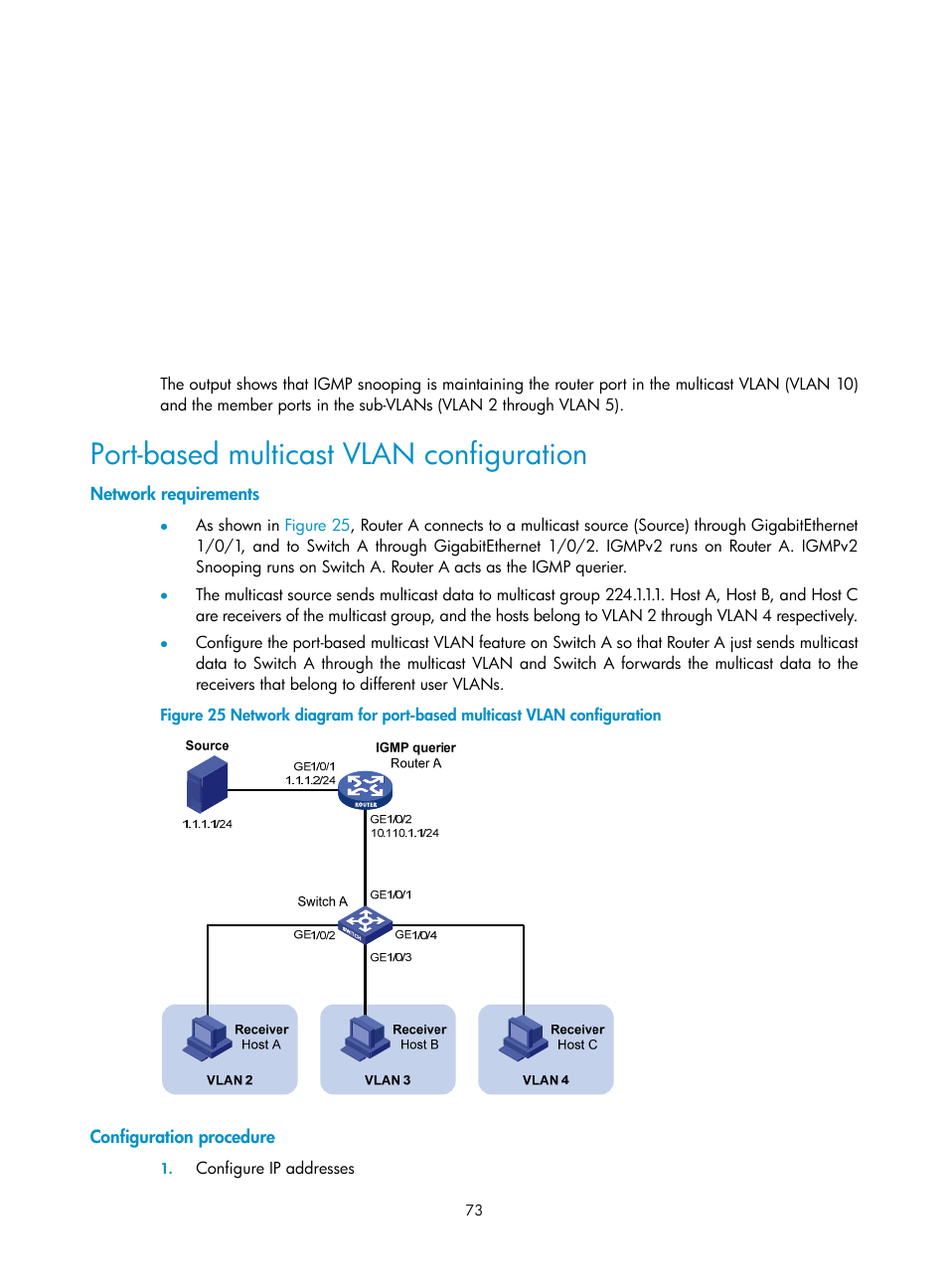 Port-based multicast vlan configuration, Network requirements, Configuration procedure | H3C Technologies H3C S10500 Series Switches User Manual | Page 88 / 467
