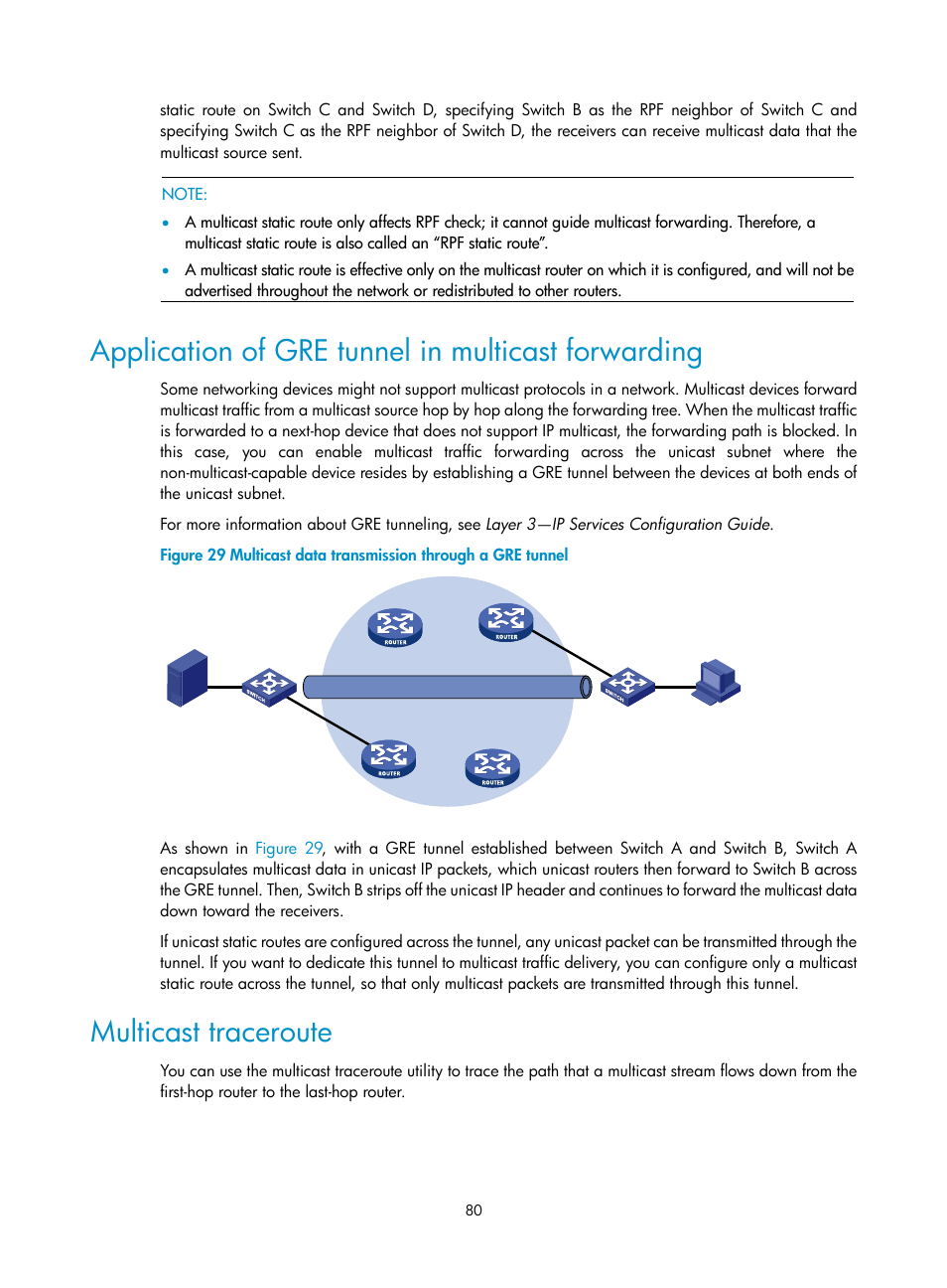 Application of gre tunnel in multicast forwarding, Multicast traceroute | H3C Technologies H3C S10500 Series Switches User Manual | Page 95 / 467