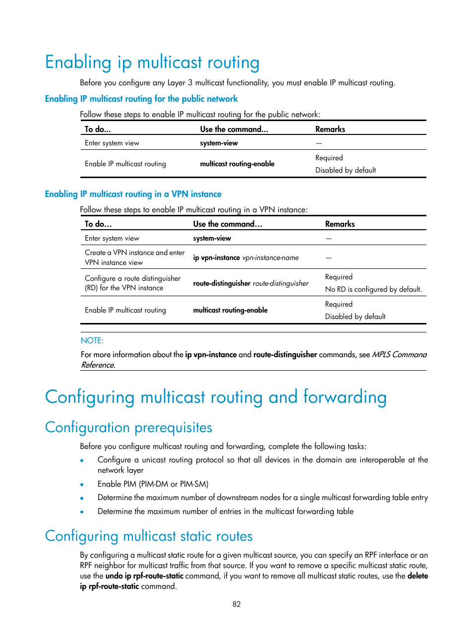 Enabling ip multicast routing, Enabling ip multicast routing in a vpn instance, Configuring multicast routing and forwarding | Configuration prerequisites, Configuring multicast static routes | H3C Technologies H3C S10500 Series Switches User Manual | Page 97 / 467