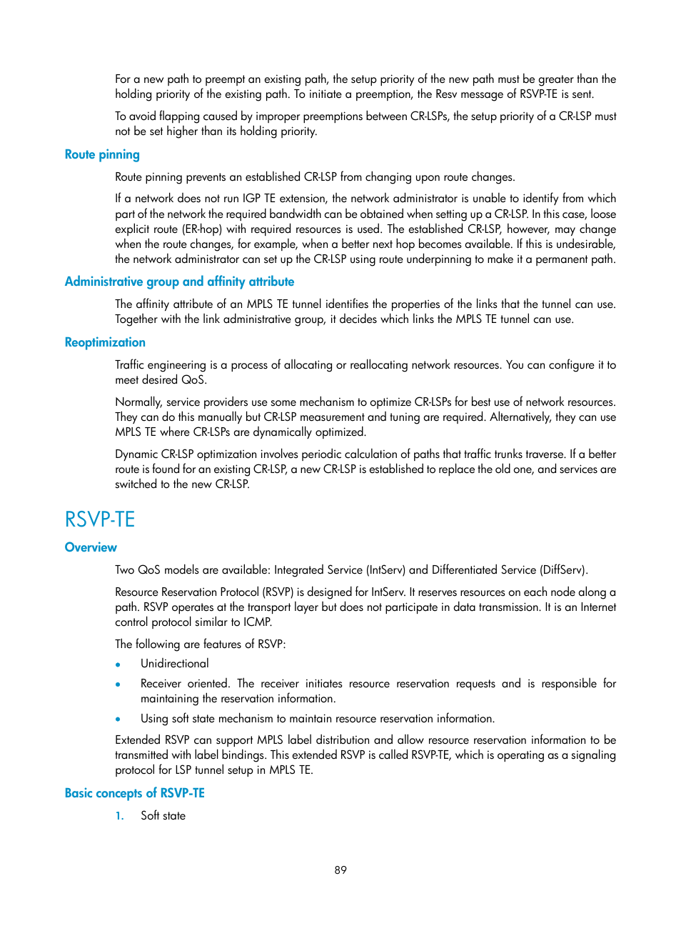 Route pinning, Administrative group and affinity attribute, Reoptimization | Rsvp-te, Overview, Basic concepts of rsvp-te | H3C Technologies H3C S10500 Series Switches User Manual | Page 100 / 395