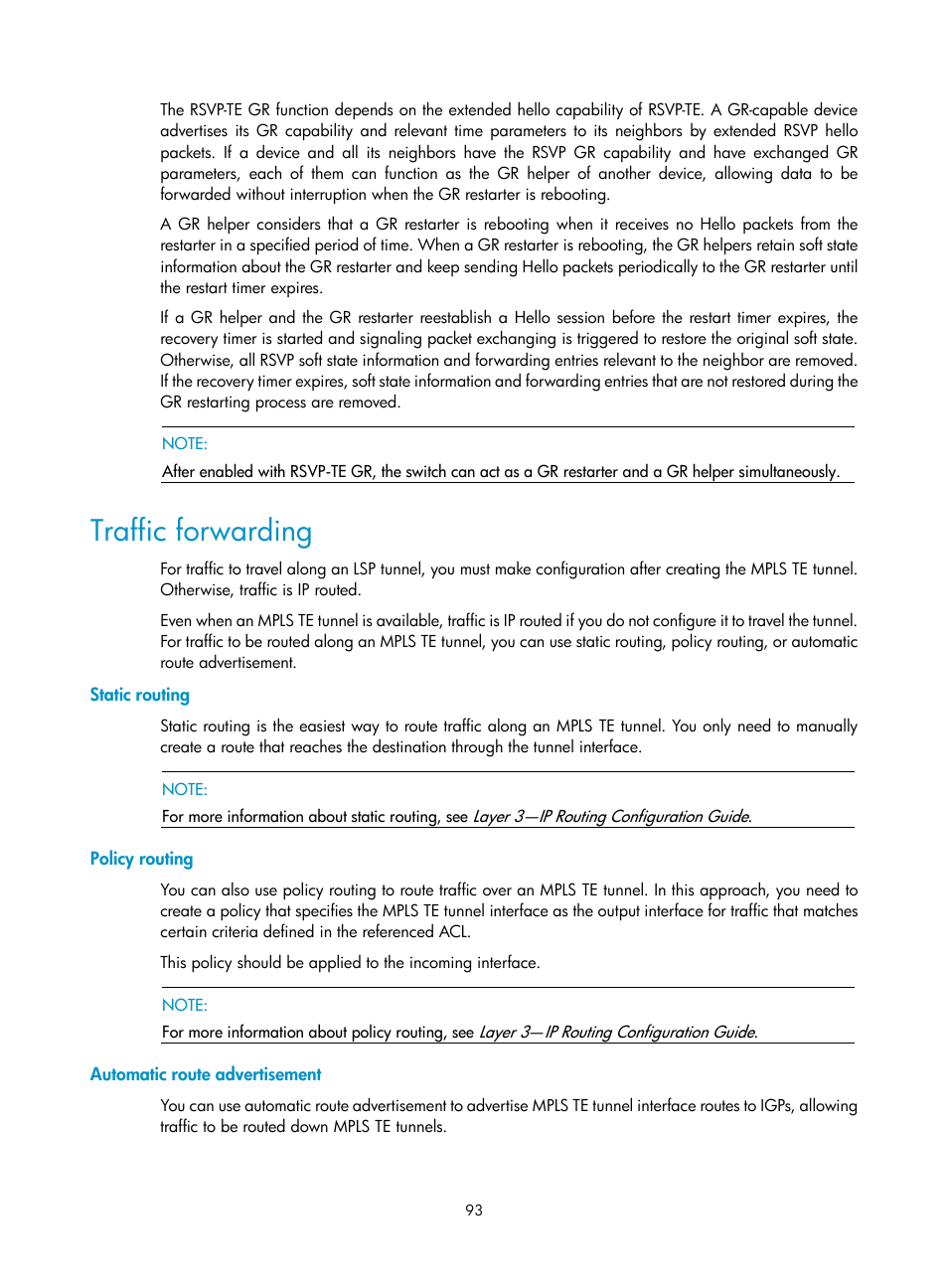 Traffic forwarding, Static routing, Policy routing | Automatic route advertisement | H3C Technologies H3C S10500 Series Switches User Manual | Page 104 / 395